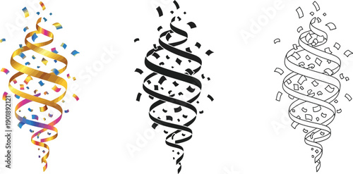 Golden and colorful serpentine ribbon confetti blast is shown with corresponding black and white graphic versions.