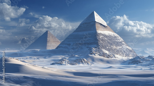 Surreal winter landscape of Giza pyramids covered in snow under a blue sky