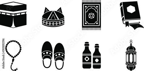 Black and white vector illustration of Islamic cultural icons including Kaaba, Quran, prayer rug, lantern, beads, cap, footwear, bottles