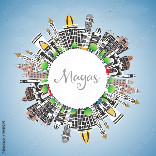 Magas Russia city skyline with color buildings, blue sky and copy space. Magas cityscape with landmarks. Travel and tourism concept with modern and historic architecture.