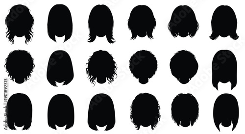 A set of various hairstyles for women depicted as black silhouettes against a clean white background, showcasing different cuts and styles.