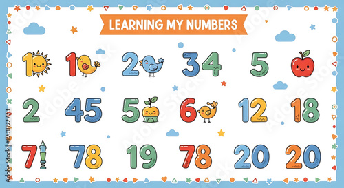 Colorful educational poster for kids learning numbers 1 to 20 with cartoon illustrations and stars