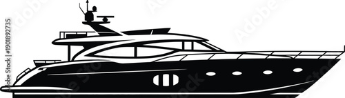 Vector Illustration of a yacht with lines drawing for logo,icon, black and white.
Modern Motor Yacht Black Silhouette Design.