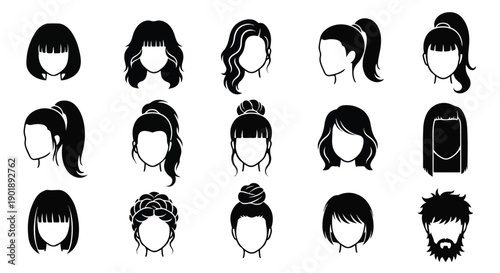 A set of various hairstyles for women and men illustrated in a simple black line art style on a white background.