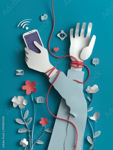 Wallpaper Mural Conceptual illustration of smartphone and human hands connected by thread symbolizing digital dependence social attachment and emotional communication Torontodigital.ca