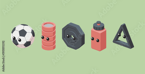 Isometric 3D Fitness Equipment Icons Set with Cute Characters Soccer Ball Water Bottle Weight Plate and Foam Roller Isolated on Green Background