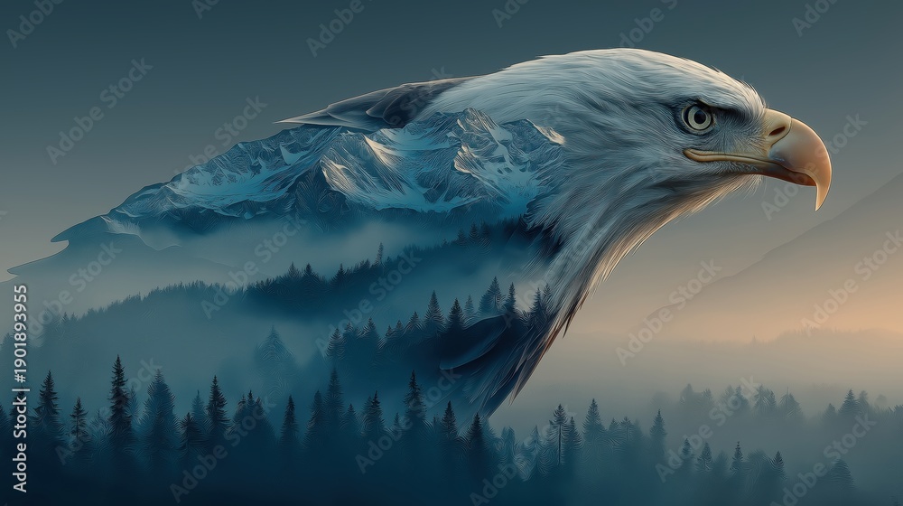 Fototapeta premium Double exposure profile portrait of bald eagle head with misty mountain forest landscape inside. Conceptual nature art of bird spirit, freedom and leadership