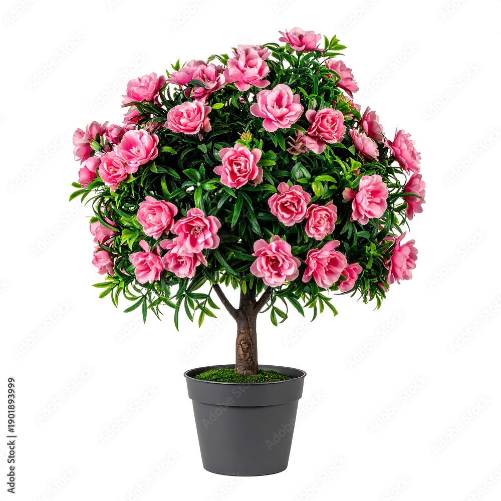 Obraz premium Pink flowering plant in a gray pot on a white background