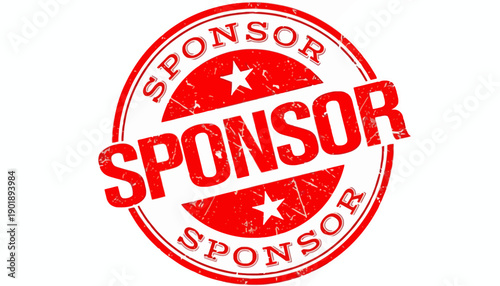 A close-up view of a red sponsor stamp on a white background with bold text and stars