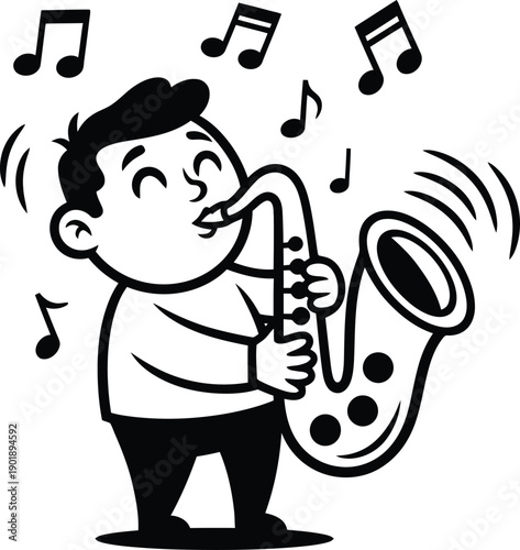 Vector flat illustration with doodle musicians. Music band plays their instruments. Fanny design for print, textile, postcard, advertising, music festivals, musical groups.