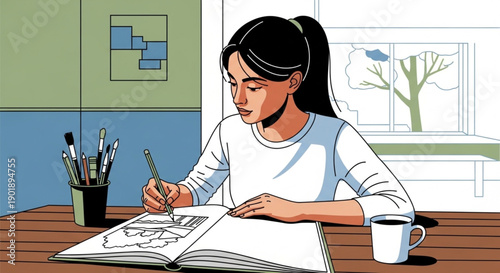 A young woman with a ponytail sitting at a wooden desk, focused on drawing in her sketchbook with a pencil. Art supplies and a coffee cup are nearby.