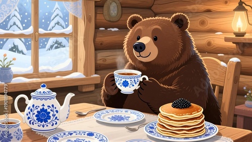 Bear enjoying tea with pancakes in cozy cabin.