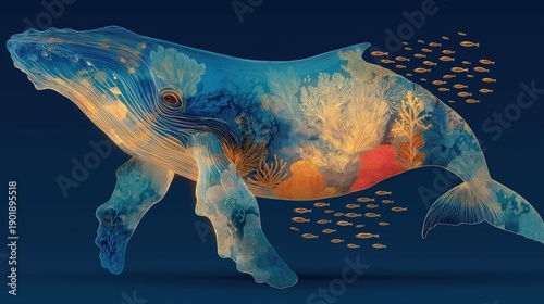 Double exposure silhouette of big blue whale with coral reef, trees and fish inside. Abstract surreal nature, marine life and ecology protection art illustration