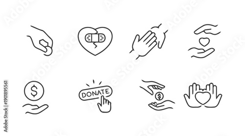 Set of donation and charity icons line art, including helping hands, coins, broken heart with bandage, money donation, and volunteering symbols for social causes and non-profit organizations