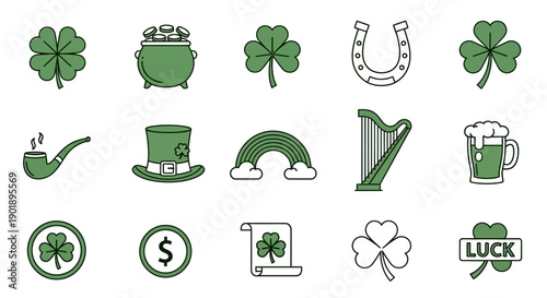 St. Patrick's Day Icons: Clovers, Pot of Gold, Harp, Beer, and Lucky Symbols