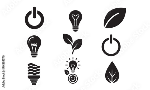 Set of eco friendly energy saving and technology icons including power buttons light bulbs and green leaves for environmental or sustainability concepts