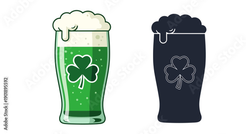 Two Glasses of Green Beer with Shamrocks, One Full Color and One Silhouette