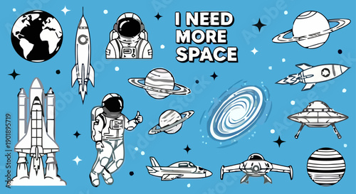 Astronaut explores galaxy with spacecraft and planets in space