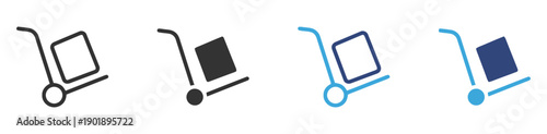 Set of four trolley icons representing different styles and colors including black outline, solid black, blue outline and solid blue, symbolizing logistics and delivery services