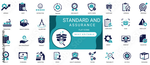 Standard and Assurance Solid Icon Set Inspection, Quality, Audit, Precision, Verification, Check, Compliance, Result Professional Vector Editable set 