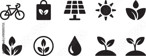 Set of green energy and sustainability icons including bicycle shopping bag solar panel sun leaf and water drop for eco friendly lifestyle design