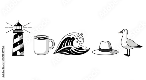 Nautical Icons: Lighthouse, Coffee Mug, Wave, Hat, and Seagull on White Background