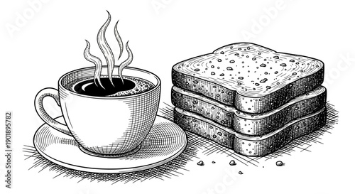 Steaming Cup of Hot Coffee with a Stack of Delicious Toast Slices for Breakfast
