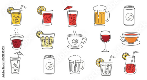 Collection of various drinks in glasses, cups, and cans, vector illustrations