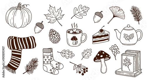 Cozy Autumn Elements Doodle Collection: Pumpkin, Scarf, Socks, Hot Drink and Books