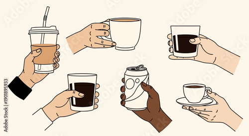Diverse Hands Holding Various Drinks, Coffee, Soda, and Tea - Lifestyle Collection