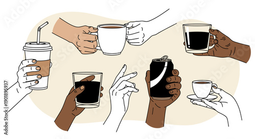Collection of Hands Holding Various Beverages Like Coffee, Soda, and Tea