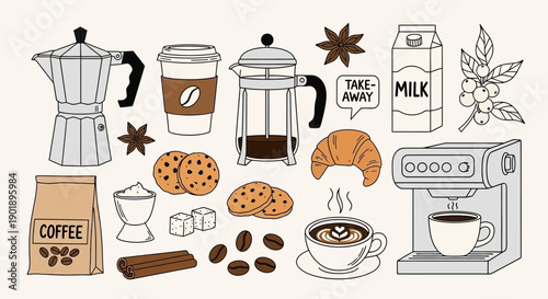 Coffee Shop Essentials: Illustrated Collection of Brewing Tools and Treats