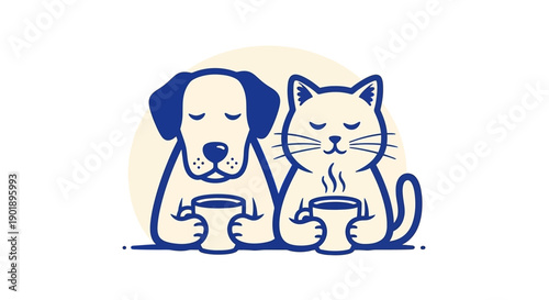 Cute Dog and Cat Enjoying Coffee Together with Eyes Closed