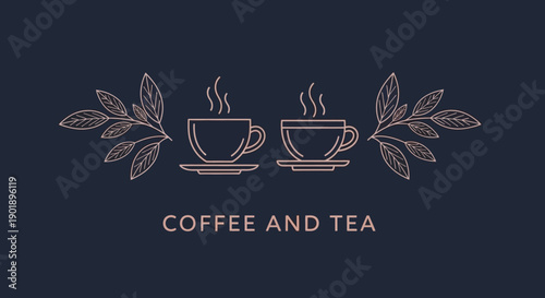 Elegant Coffee and Tea Art with Leaves on Dark Blue Background