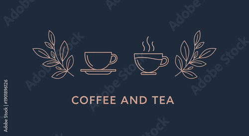 Elegant Art of Coffee and Tea Cups with Leaves, Minimalist Design