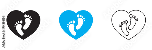 Baby Footprints Icon Set. Minimal illustration of baby footprints in black, colour , symbolizing newborn identity, parenting, and early childhood themes.

