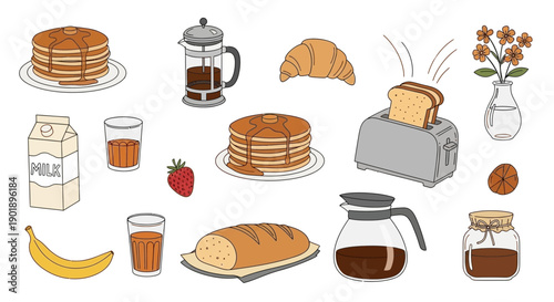 Healthy Breakfast Assortment: Pancakes, Toast, Coffee, Juice, Fruit and Pastries