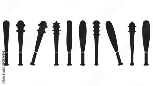 Set of various black silhouettes of baseball bats and maces isolated on white background depicting dangerous melee weapons used for protection or attack
