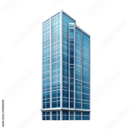 Perspective View Of Tall Office Building With Blue Glass Facade Against Transparent Background