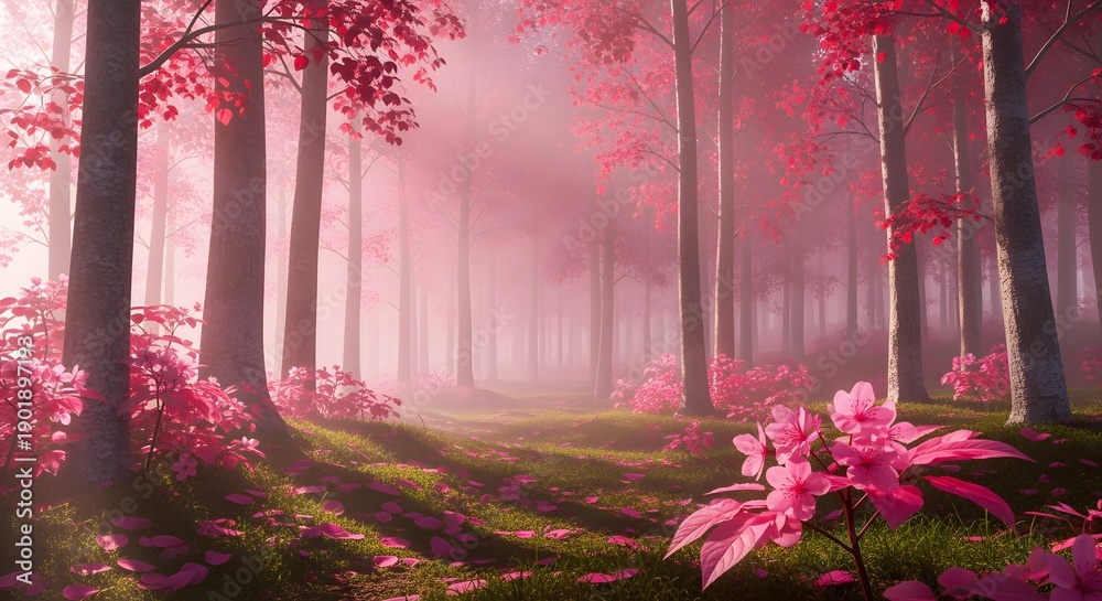 Naklejka premium Enchanted pink forest with blooming flowers and ethereal mist