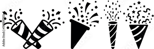 Party Popper Icons Set with Confetti and Streamers Vector Design