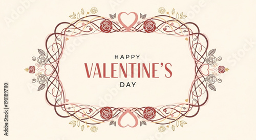 Valentine's day card with floral heart frame and 'happy valentine's day' text on cream background