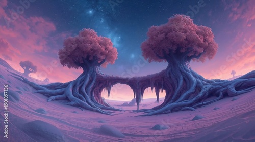 Ethereal Root Bridge Connecting Giant Pink Trees Under a Galactic Twilight Scene
