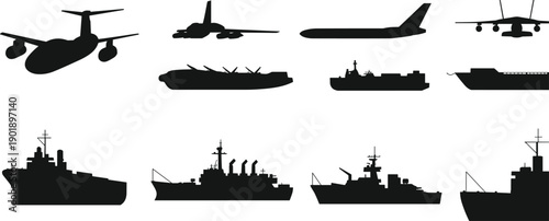 Military aircraft and naval ship silhouette collection showing defense transport vehicles isolated black vector