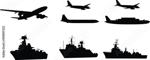 Military aircraft and warship silhouette set showing planes ships defense transport isolated black vector