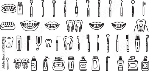 Hand Drawn Dental Care and Oral Hygiene Line Icons Set