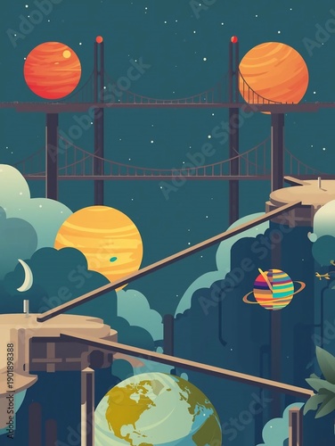 Surreal Bridges Connect Floating Planets in a Starry Sky A Journey Through Imagination