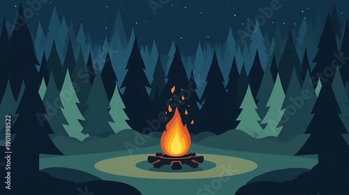 Cozy Campfire Glow Amidst a Serene Pine Forest Under a Starry Night Sky