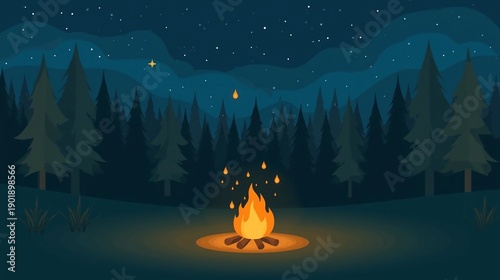 Enchanting Forest Night with Crackling Campfire Under a Blanket of Twinkling Stars