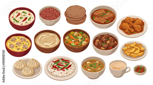 Authentic Bhutanese Traditional Food Vector Illustration Set